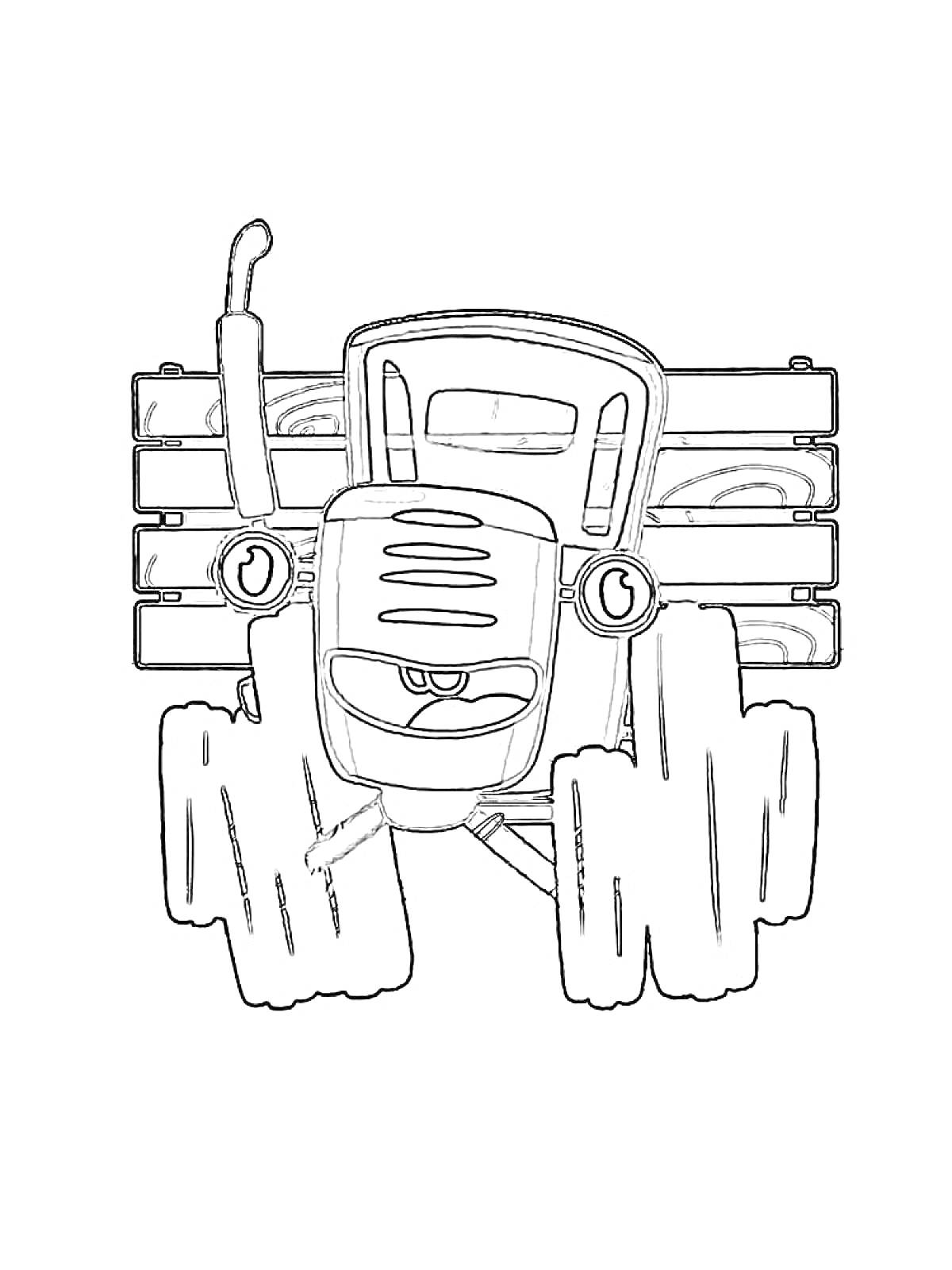 Синий трактор с большими колесами и деревянным забором на заднем плане