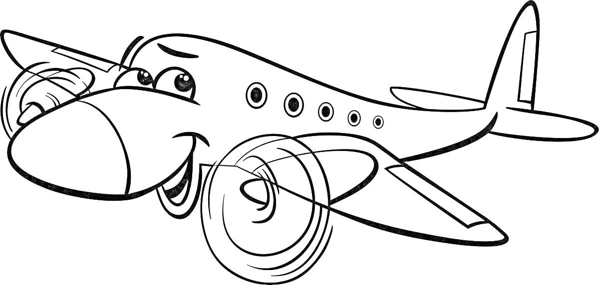 Раскраска Мультяшный самолет летит с вращающимися пропеллерами