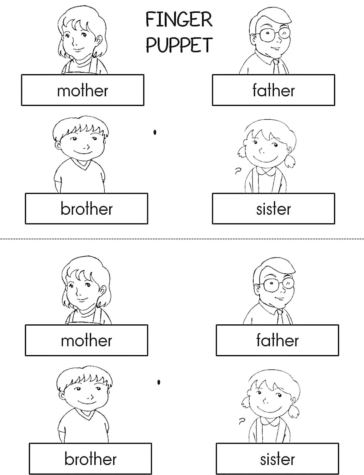 На раскраске изображено: Семья, Отец, Сестра, Пальчиковый театр, Английский язык