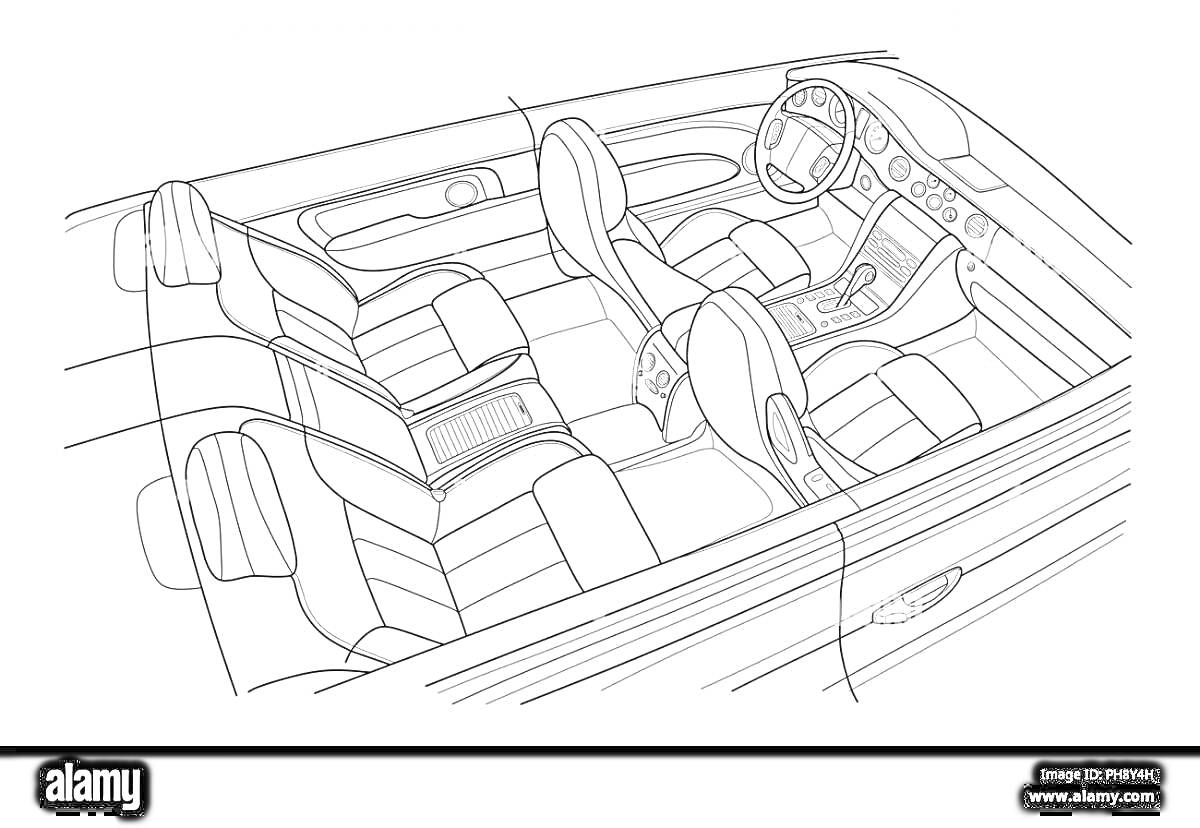 На раскраске изображено: Руль, Приборная панель, Центральная консоль, Интерьер, Контурные рисунки