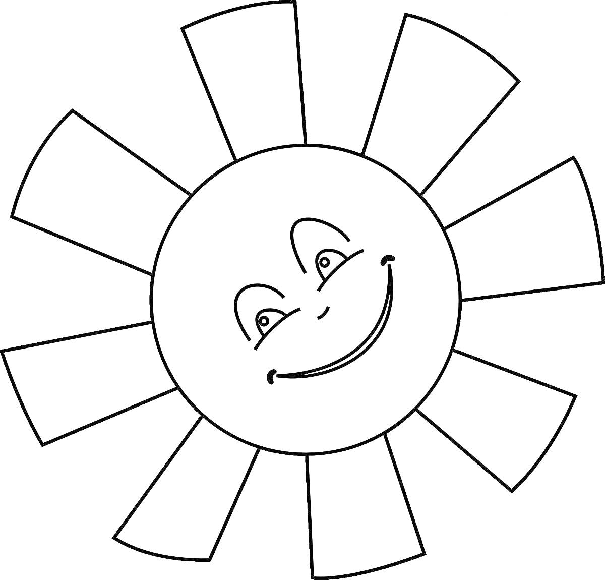 На раскраске изображено: Солнце, Лучи, Улыбка, Лицо, Природа, Для детей