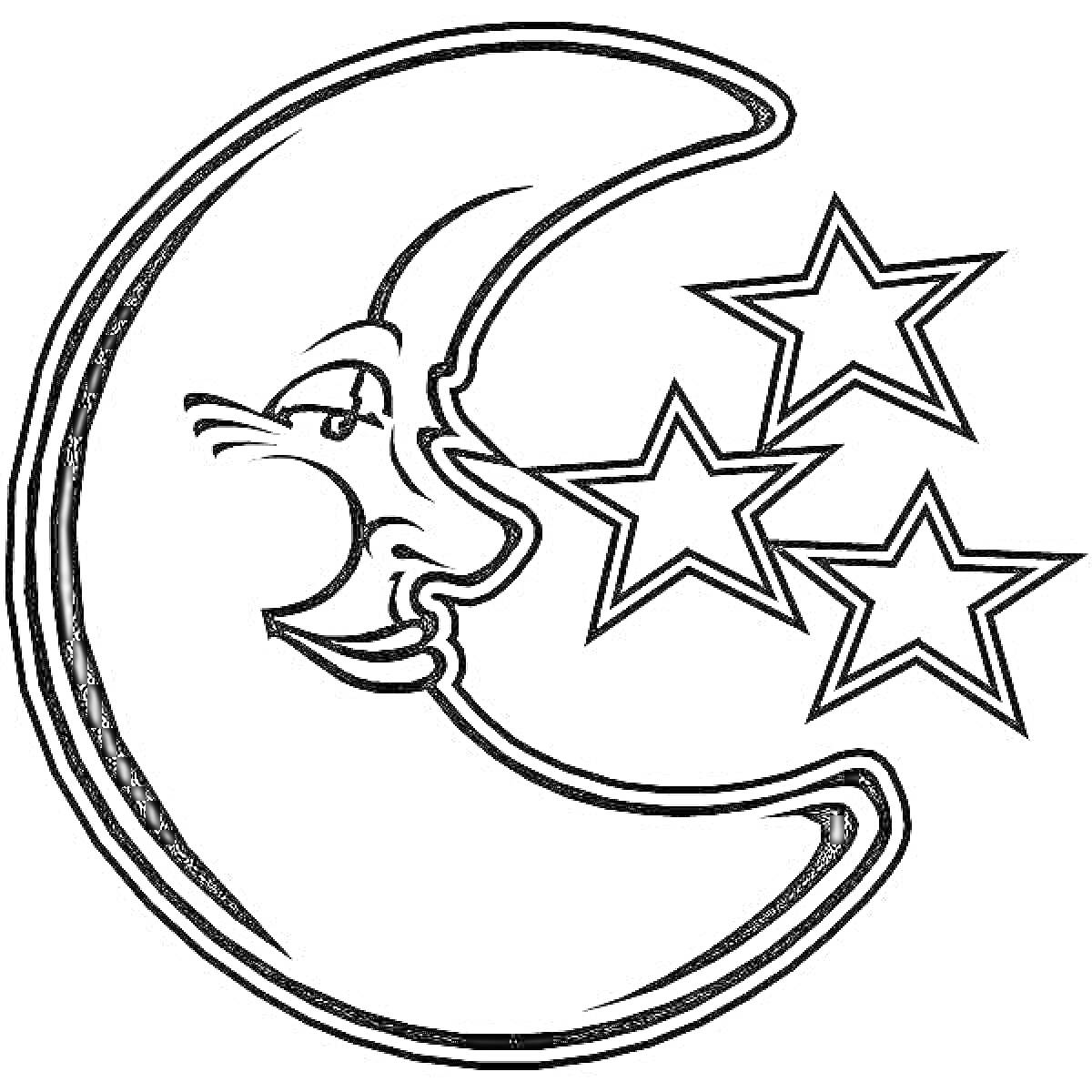 На раскраске изображено: Месяц, Звезды, Ночь, Лицо, Небо, Луна