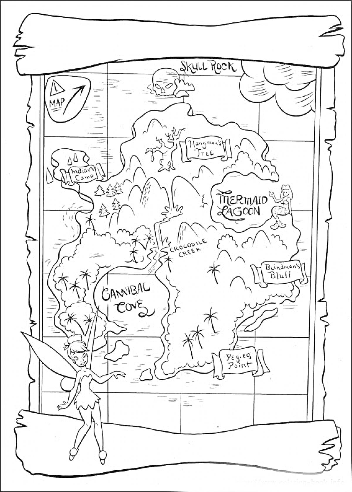 Раскраска Карта Сокровищ с обозначенными локациями (Skull Rock, Hangman's Tree, Cannibal Cove, Mermaid Lagoon, Blackbeard's Bluff, Pistol's Point) и персонажем (волшебница) в левом нижнем углу
