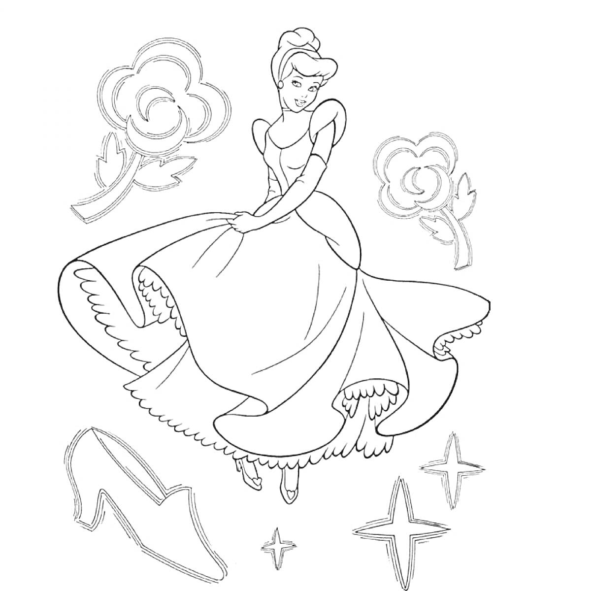 На раскраске изображено: Принцесса, Платье, Розы, Цветы, Волшебство