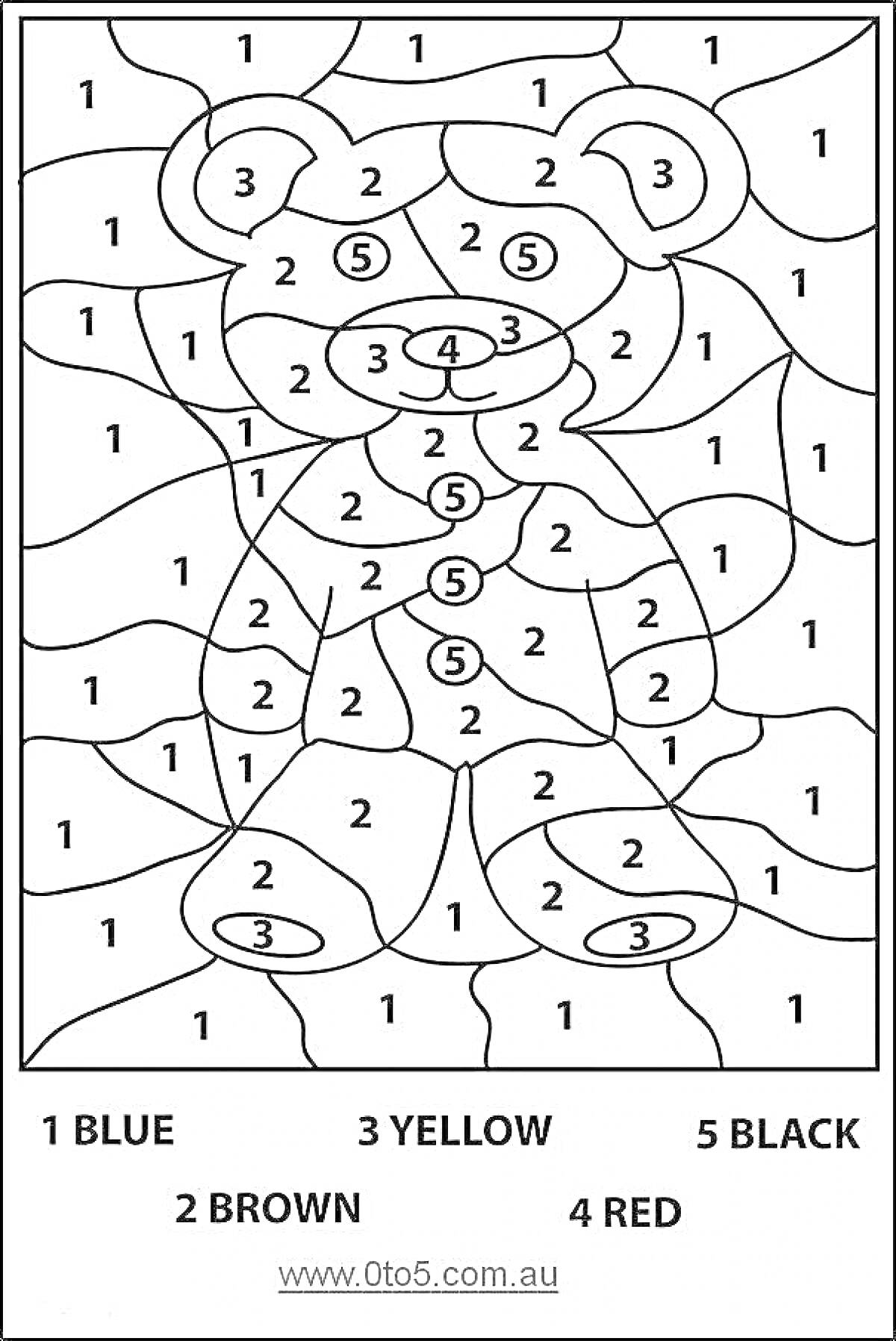 На раскраске изображено: По номерам, Медведь, Обучение, Цифры, Развивающие игры