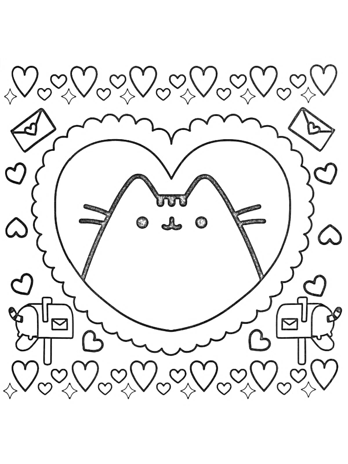 Раскраска Кот Пушин в сердце с конвертами, почтовыми ящиками и сердечками