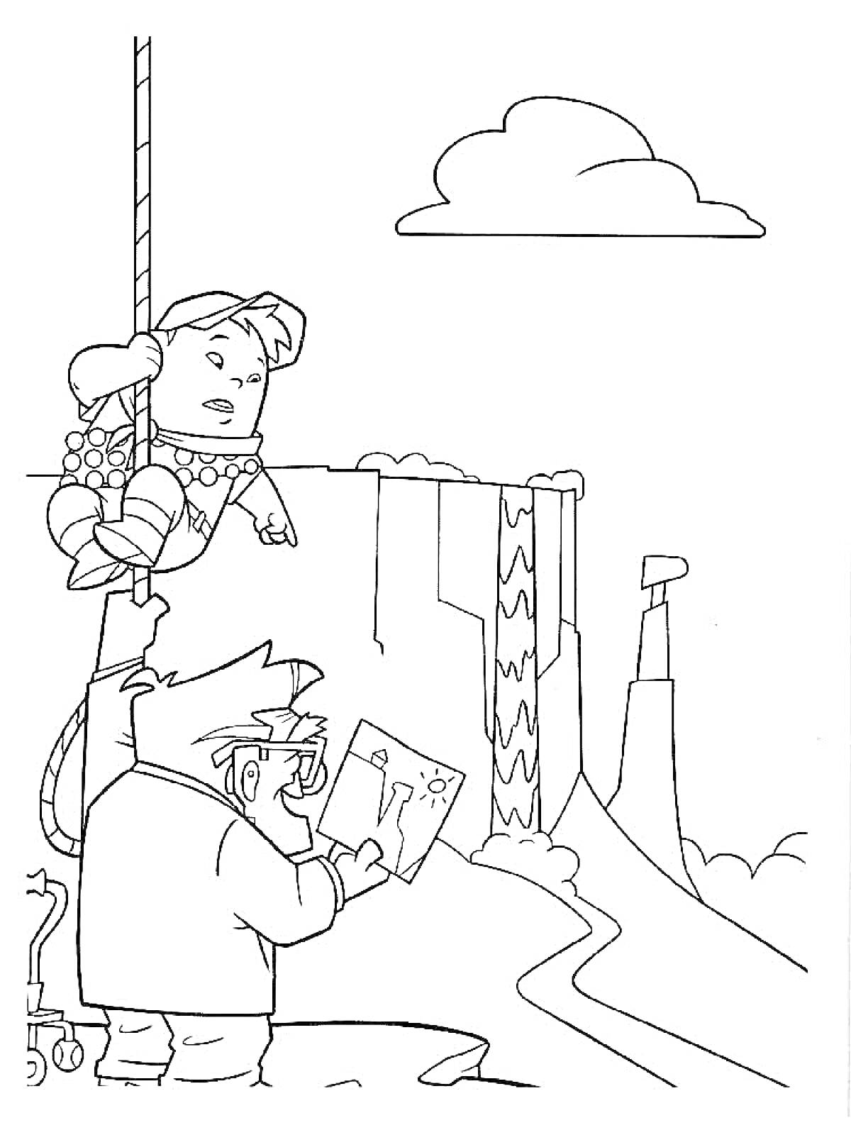 Собака на веревке и ученый у водопада, скала с телескопом, облако и небо