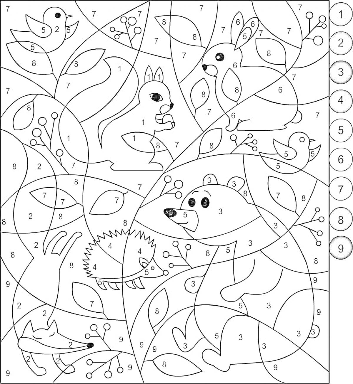 Раскраска Раскраска по номерам с животными в лесу (медведь, заяц, белка, ёжик, лиса, птицы)