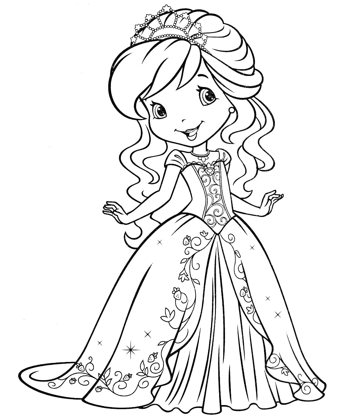 Принцесса с диадемой в длинном платье с узорами и цветами
