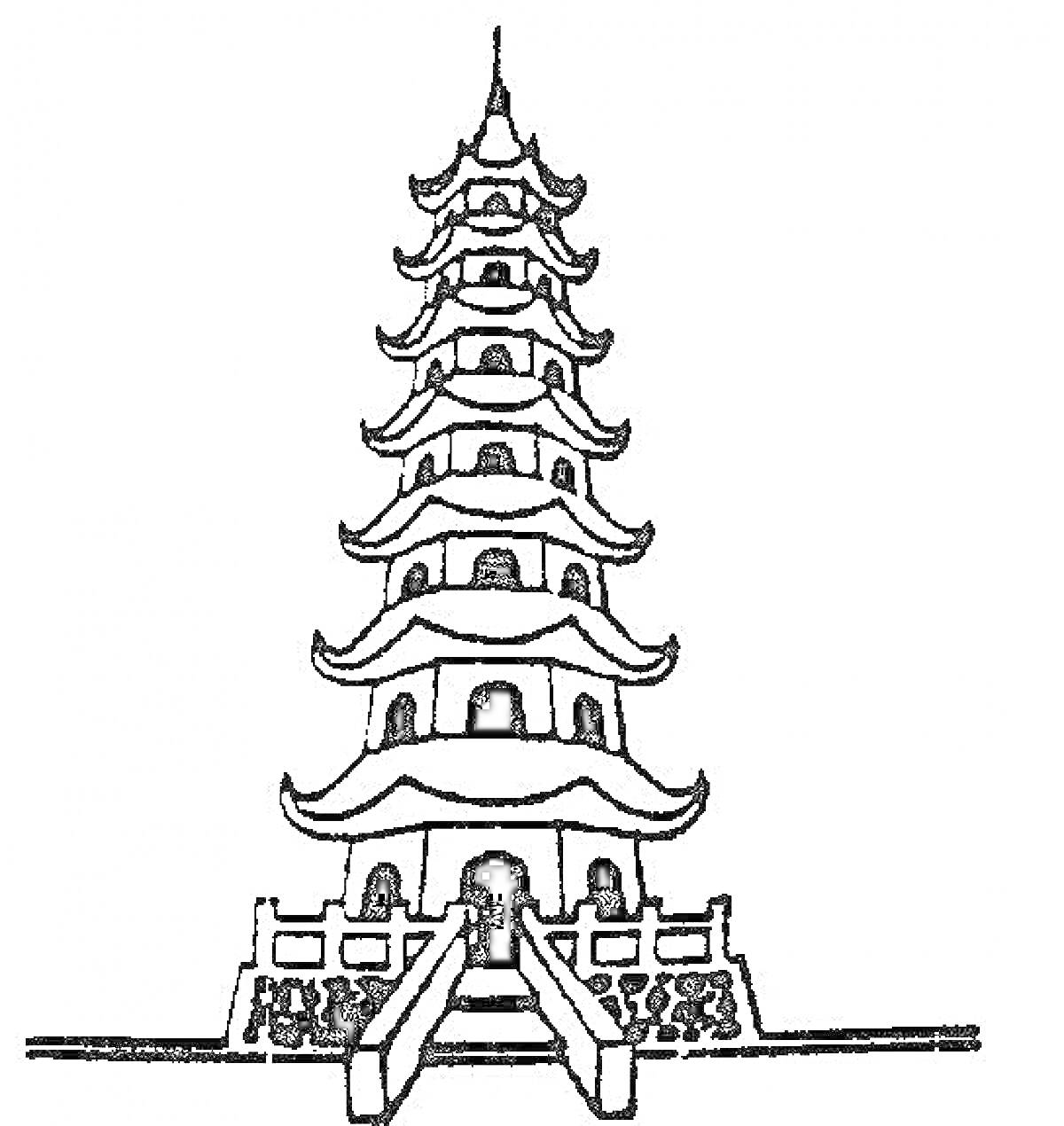 На раскраске изображено: Пагода, Лестница, Архитектура, Храм, Крыша, Здание, Башни