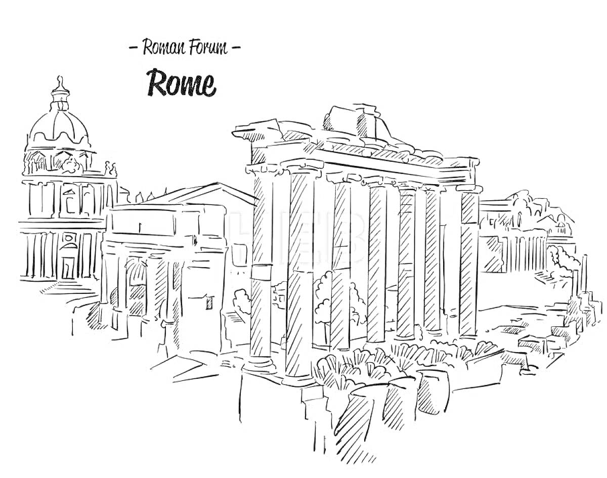 На раскраске изображено: Древний Рим, Колоннада, Храмы, Архитектура, Рим, Древние руины, Исторические здания
