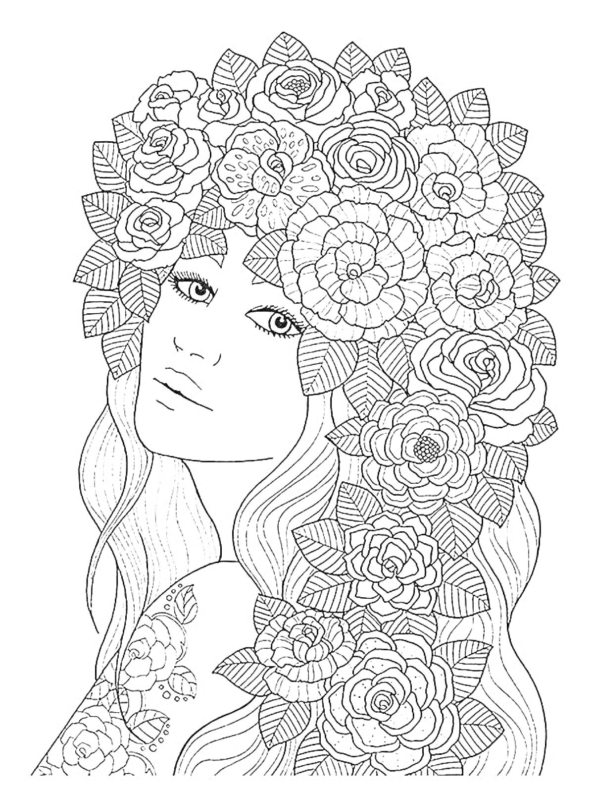 Раскраска Женщина с цветами в волосах и на теле