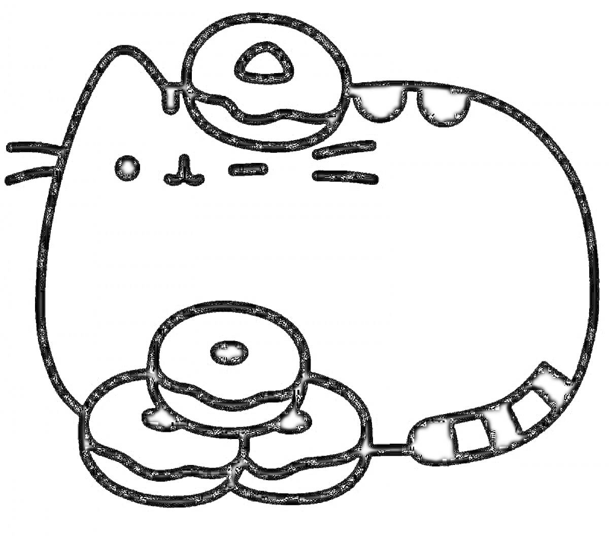 Раскраска Пушин с тремя пончиками рядом и одним пончиком на голове