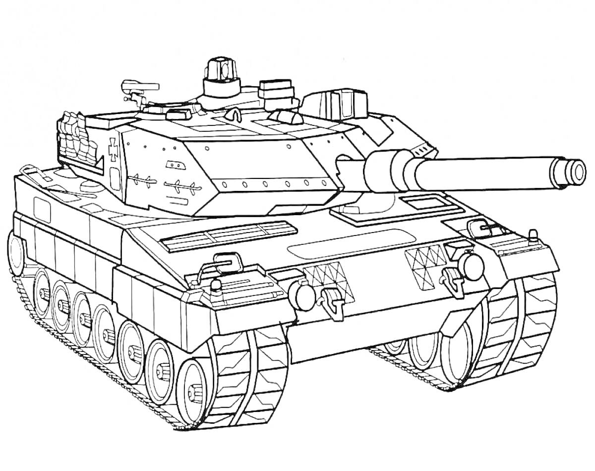 Раскраска Военный танк с длинным дулом и деталями на корпусе, гусеницы на колёсах, дополнительные элементы на башне