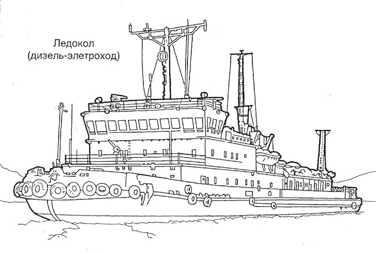 На раскраске изображено: Ледокол, Корабль, Судно, Арктика, Море, Антенны, Надстройки