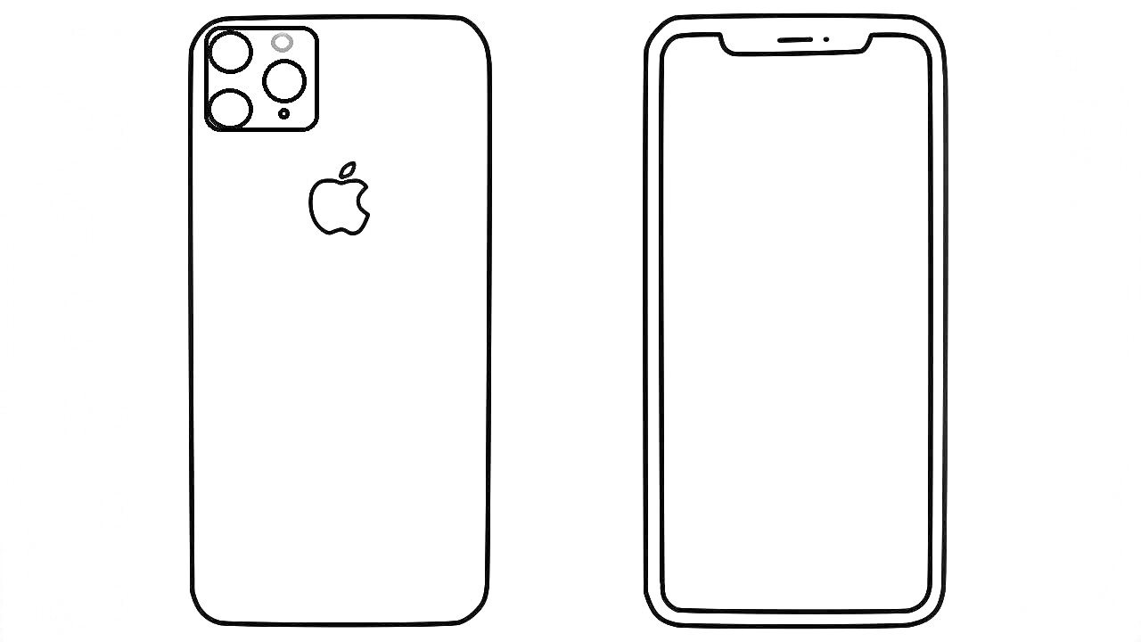 Раскраска Айфон с логотипом и камерами на задней панели, дисплей с вырезом на передней панели