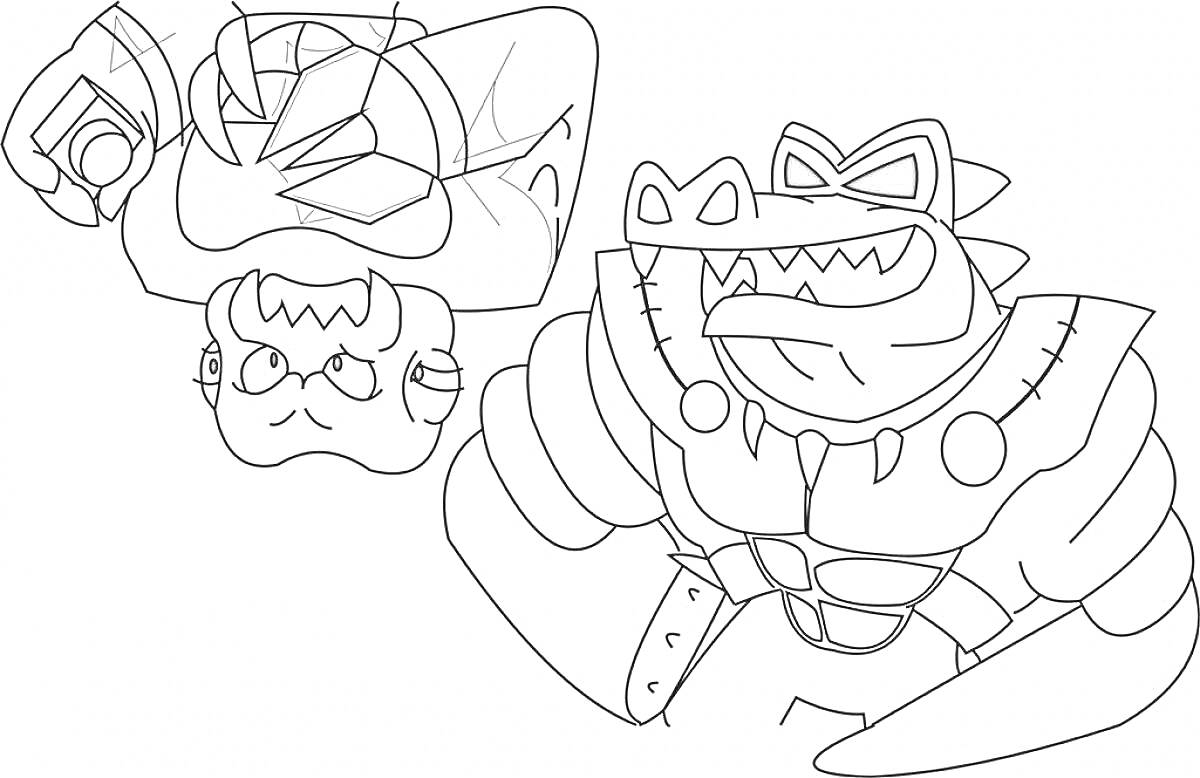 Раскраска два персонажа Гуджитсу-существа - одно с крокодильей головой в защитной броне, другое предположительно с животным лицом и поднятыми руками