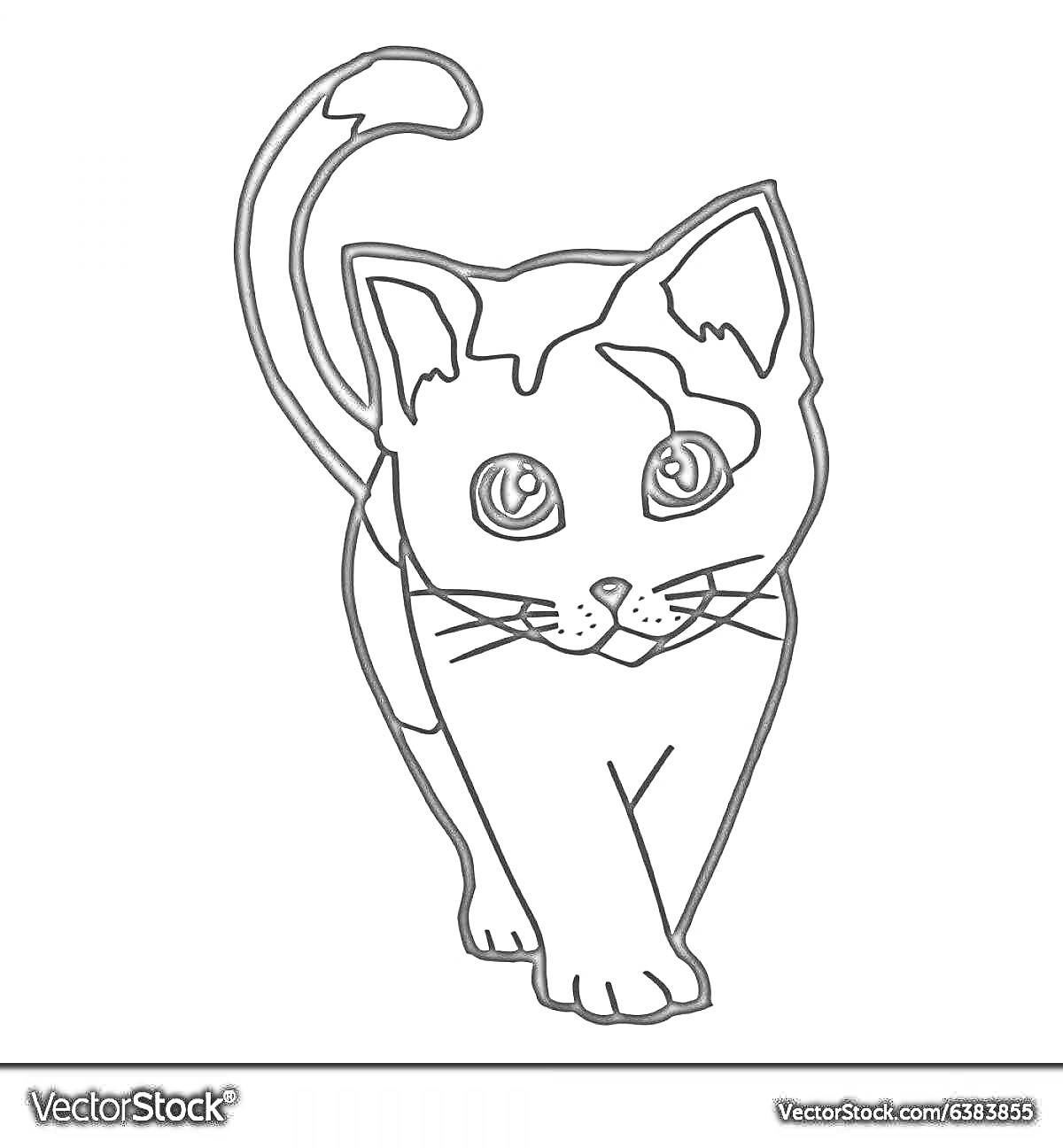 Раскраска Раскраска с котенком с высоко поднятым хвостом, крупные глаза
