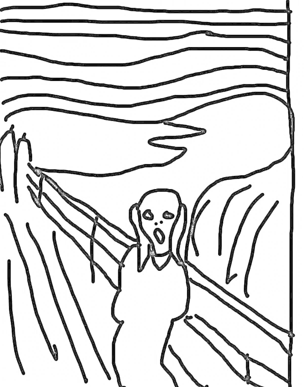 Раскраска Человек кричащий на мосту на фоне извилистой реки и холмов
