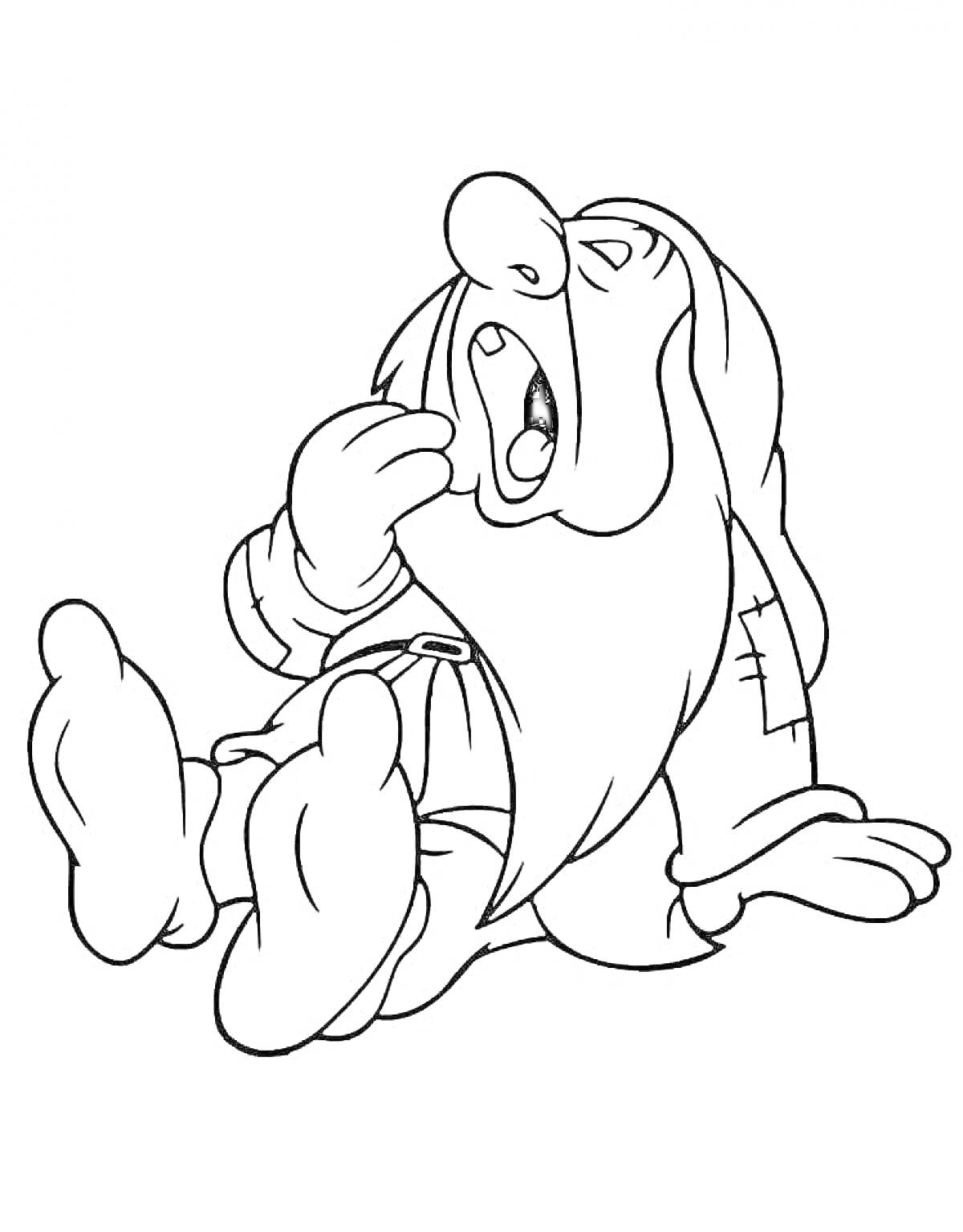 Раскраска Гном зевает, сидя на полу