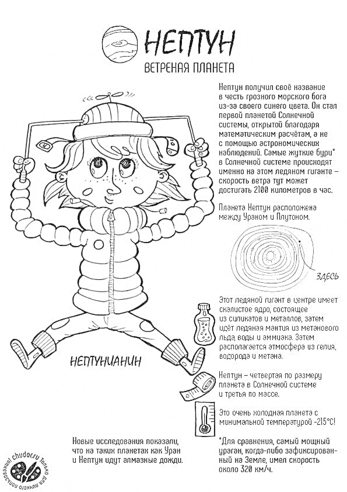 На раскраске изображено: Нептун, Планеты, Космос, Температура, Солнечная система