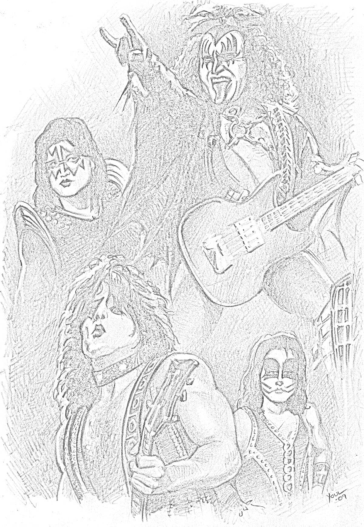 Раскраска Рисунок с четырьмя участниками группы Kiss с гитарами и характерным гримом