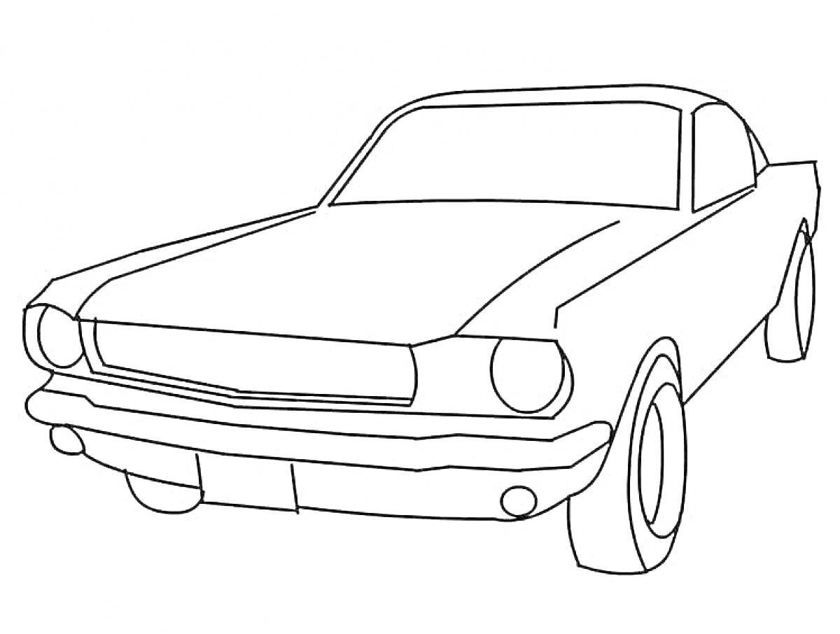 Раскраска Форд Мустанг с кузовом купе, вид спереди, контурное изображение.