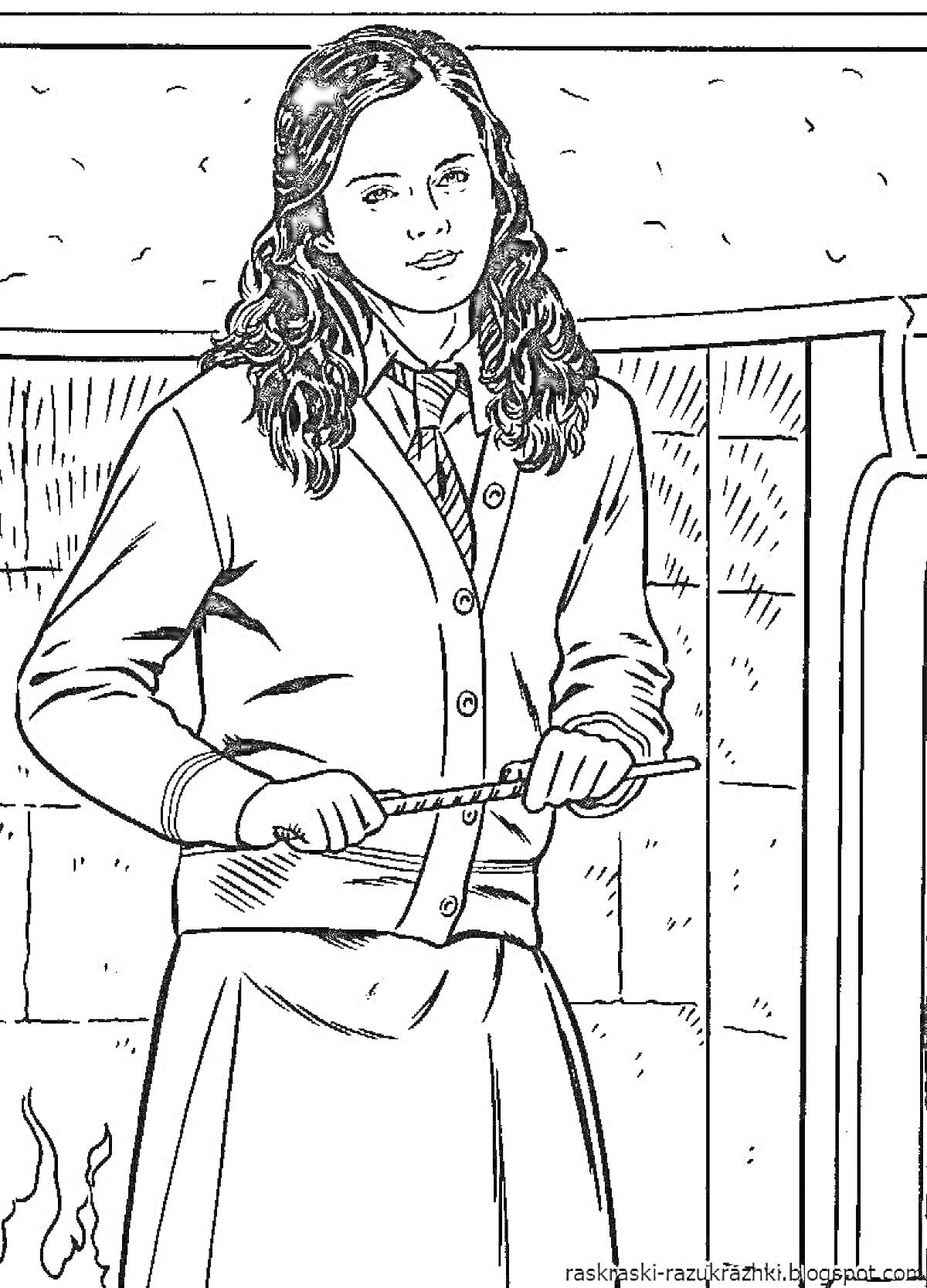 Девочка в школьной форме с длинными волосами, держащая волшебную палочку, стоит на фоне стены и камина