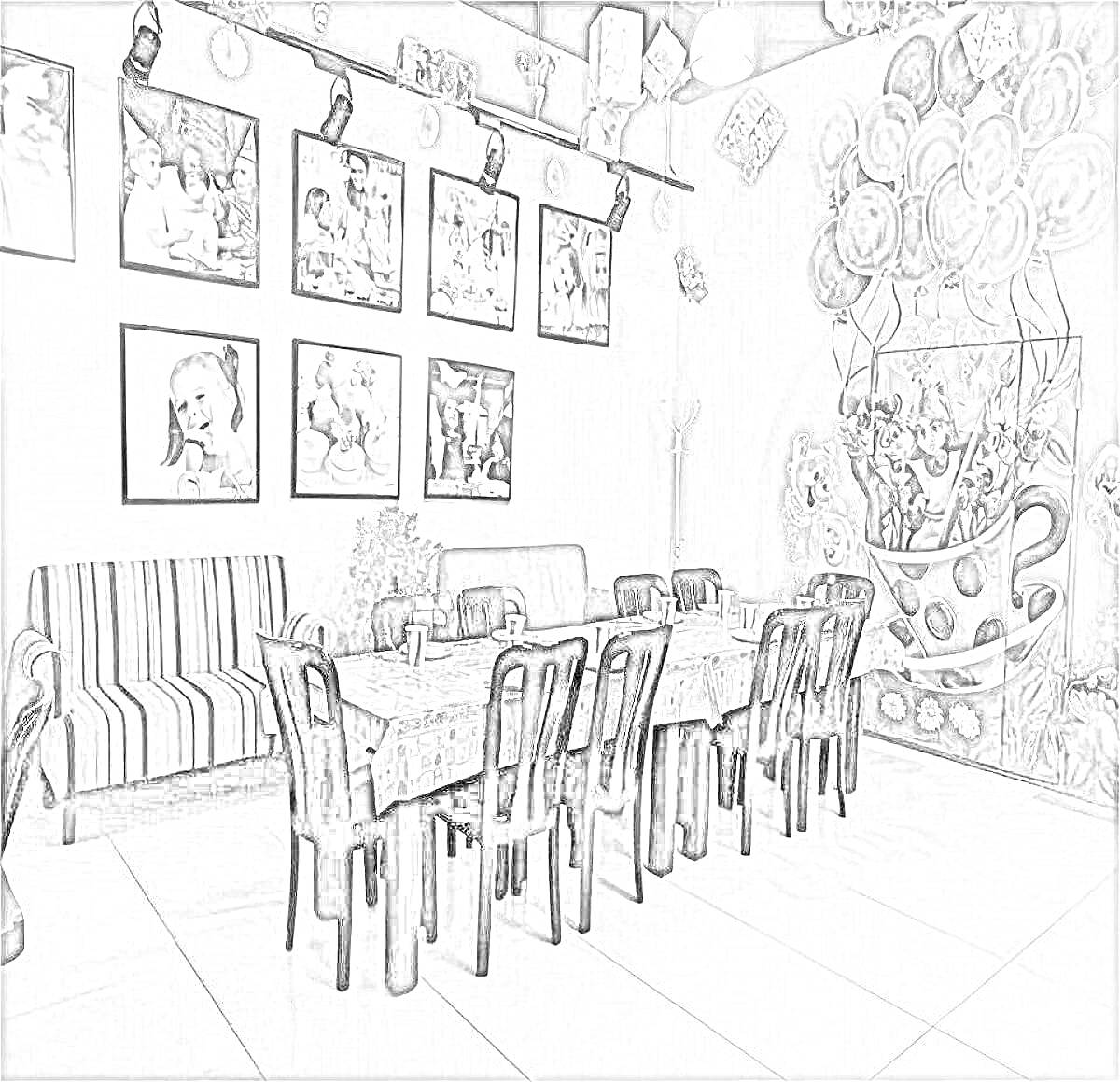 Раскраска Кафе с центральным столом и фотоколлажем на стене