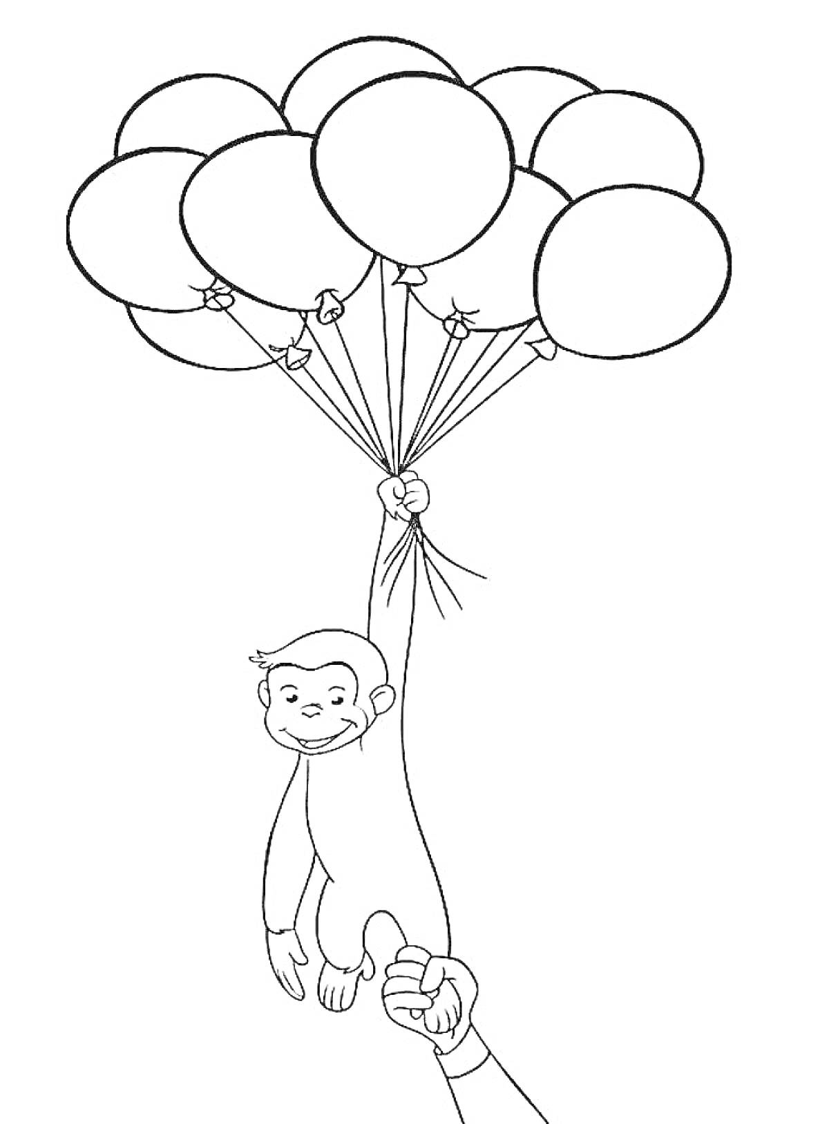 На раскраске изображено: Любопытный Джордж, Воздушные шары, Приключения, Веселье, Детские, Обезьяны