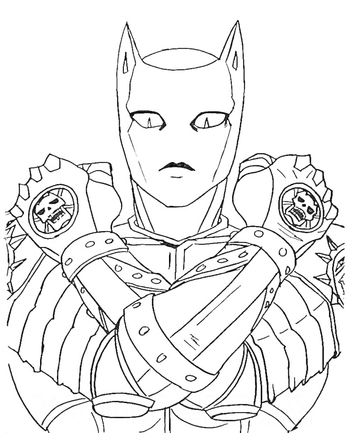 Раскраска Стенд персонажа из JoJo Bizarre Adventure с маской и перекрещенными руками в бронях с черепами
