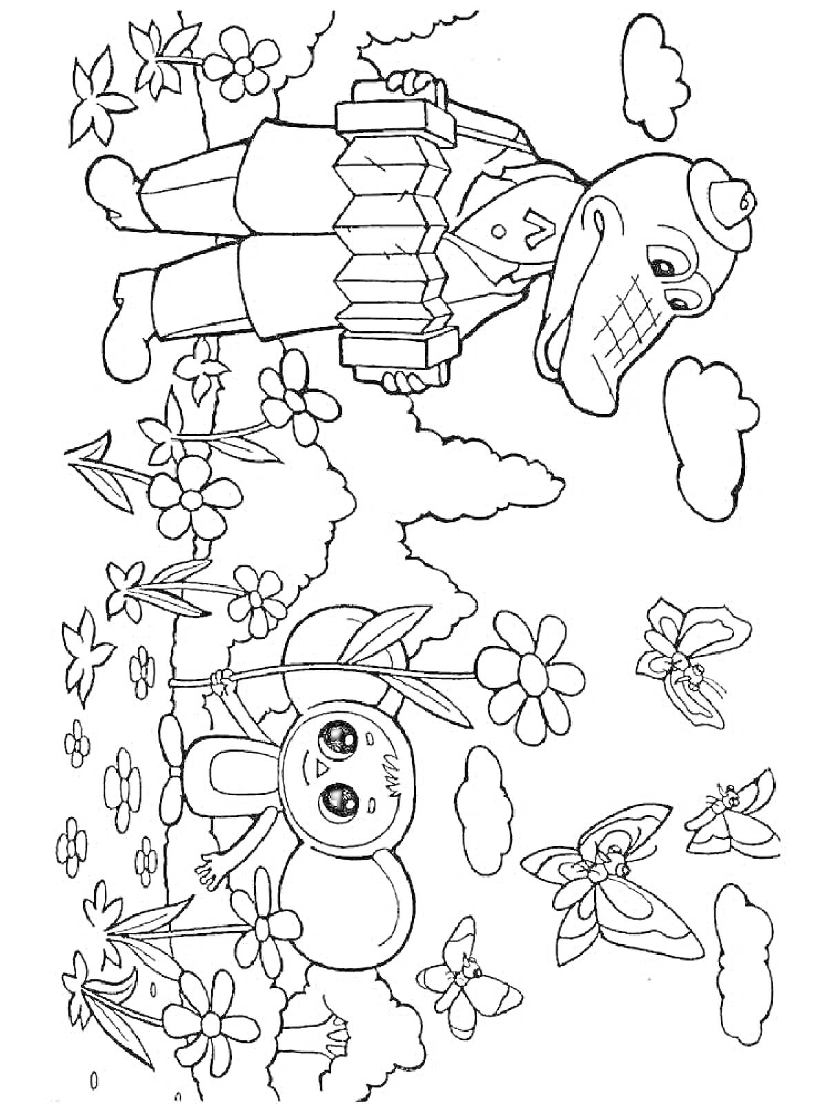 На раскраске изображено: Чебурашка, Крокодил Гена, Луг, Цветы