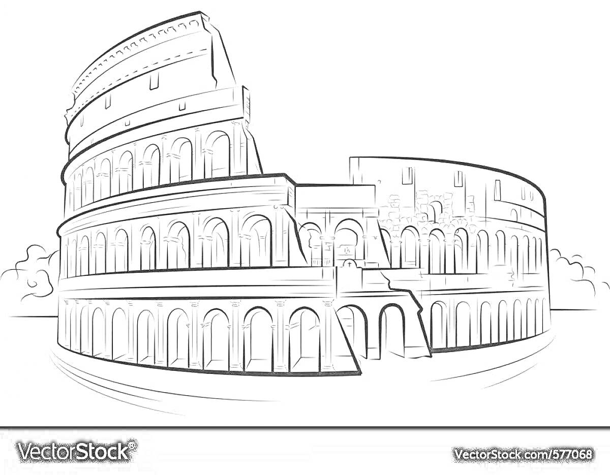 Раскраска Колизей, древнеримское архитектурное сооружение с арками и ярусами, в окружении деревьев