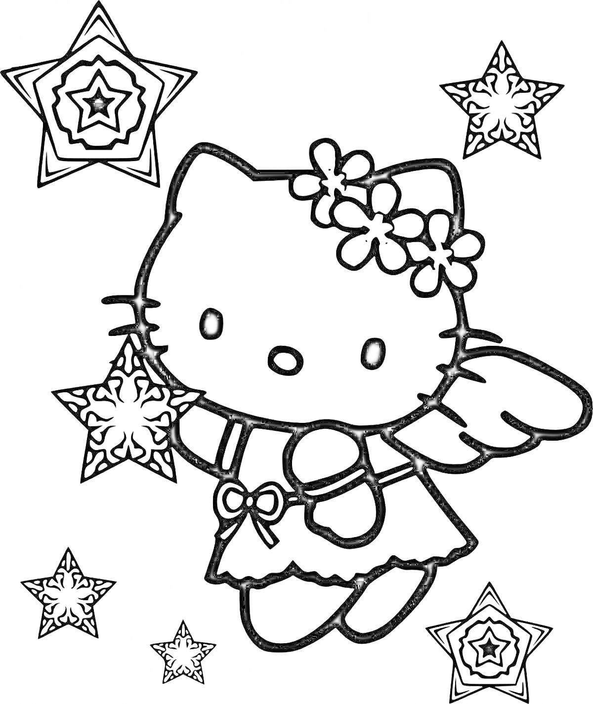 Раскраска Хелло Китти с цветами на голове и крыльями, держащая новогоднюю снежинку-звезду, окруженная пятью звездами-снежинками