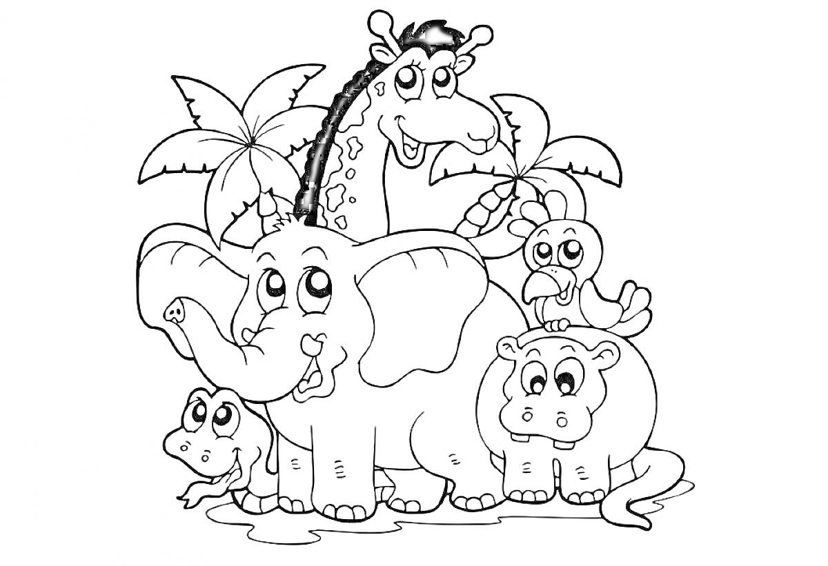 На раскраске изображено: Слон, Бегемот, Птица, Пальмы, Для детей, Животные, Жирафы, Змеи