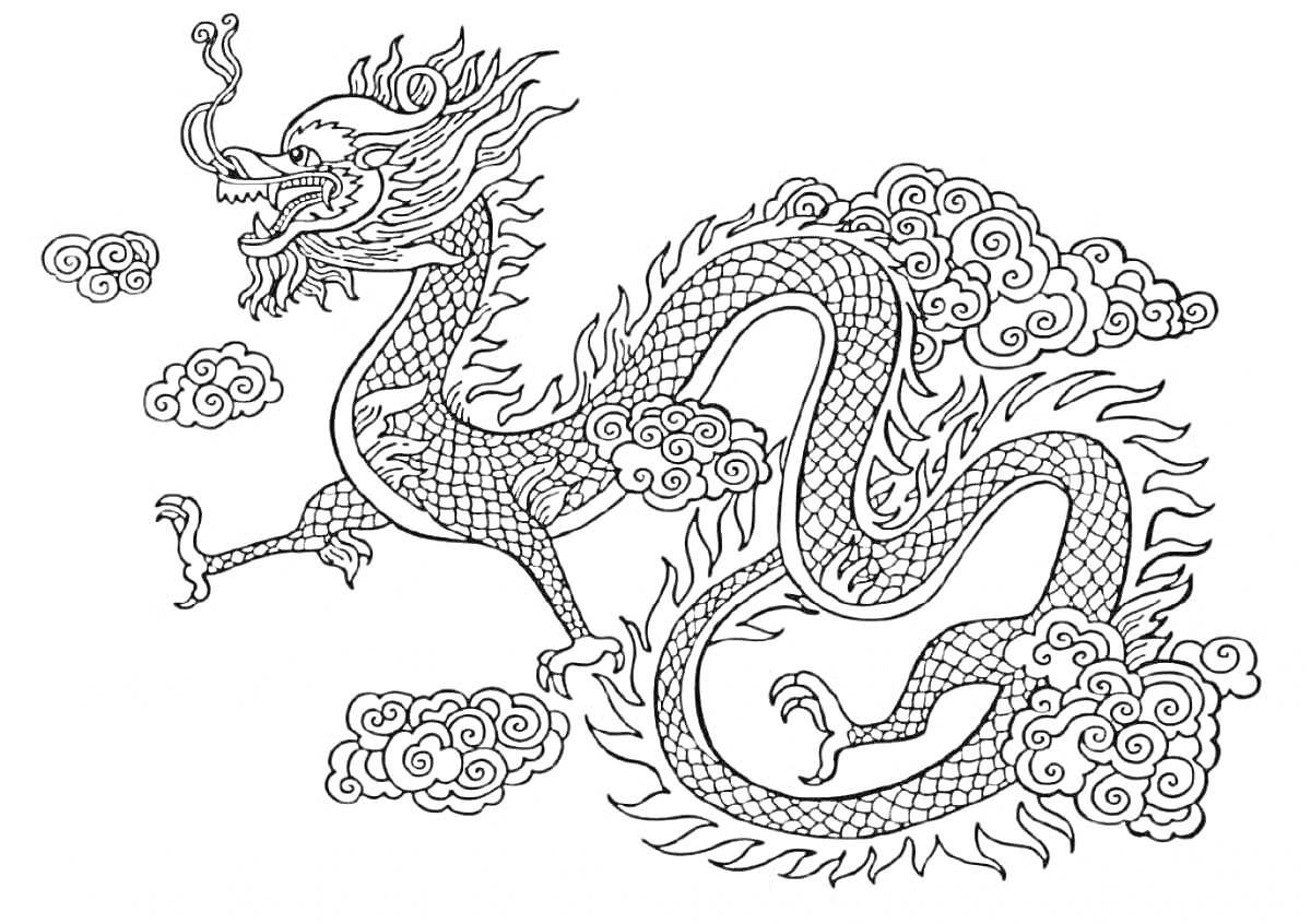 На раскраске изображено: Китайский дракон, Облака, Узоры, Традиционное искусство, Восточная культура, Мифические существа