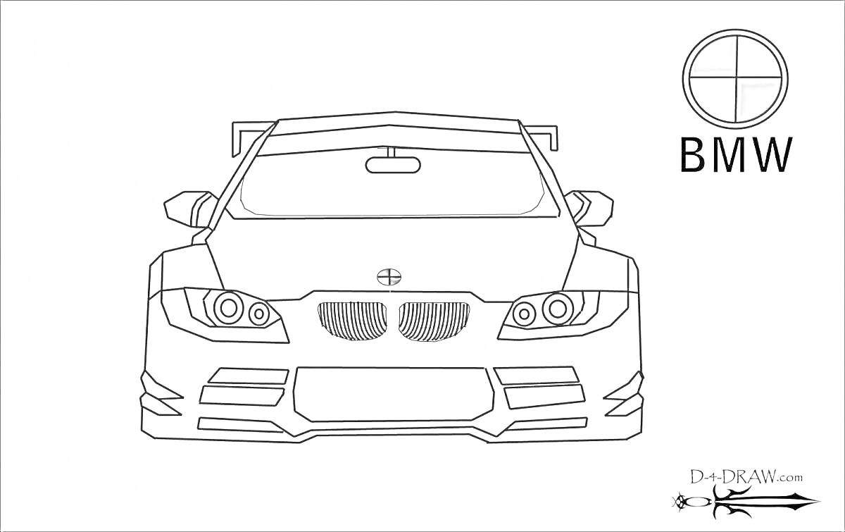 Раскраска Бмв м5 ф90 со спортивным обвесом, спойлером и логотипом BMW