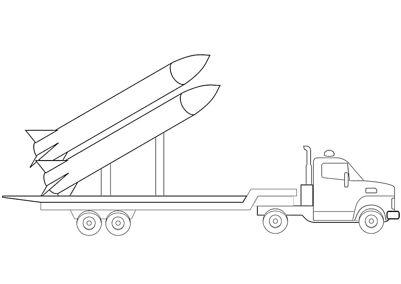 На раскраске изображено: Ракета, Военная техника, Транспорт, Вооружение, Грузовая машина, Платформы