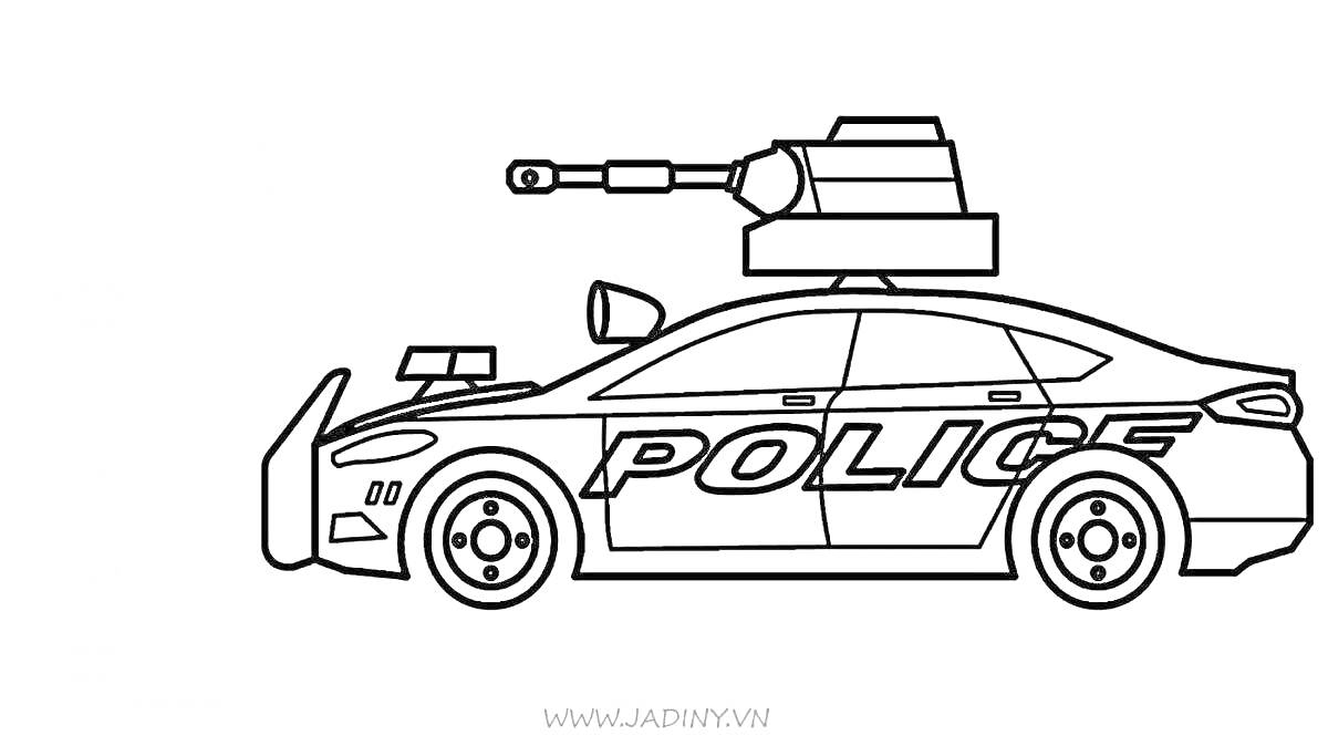На раскраске изображено: Полицейская машина, Пушка, Игрушечная машина, Надпись