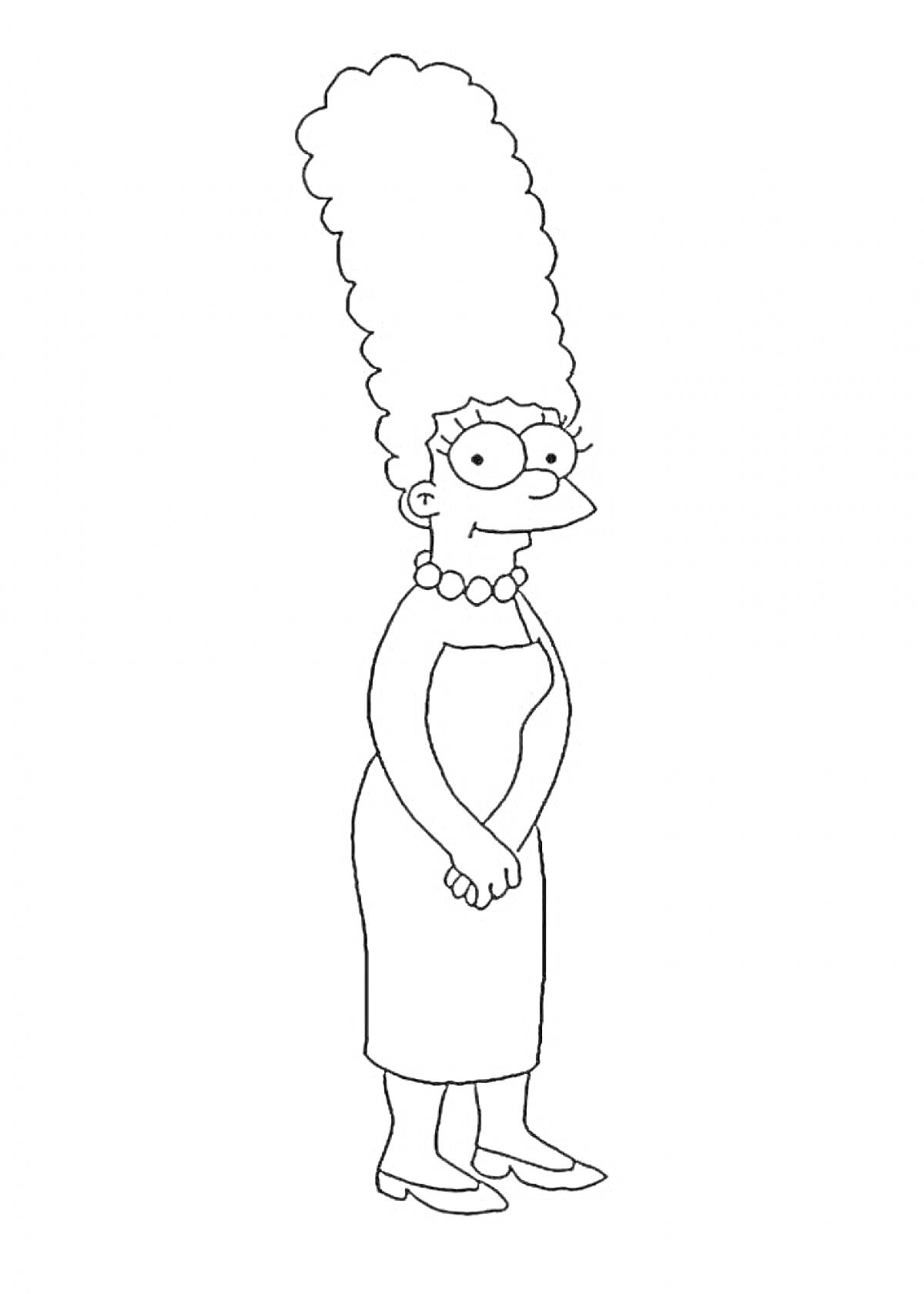 На раскраске изображено: Мардж Симпсон, Персонаж, Симпсоны, Высокая прическа, Платье, Туфли, Ожерелье