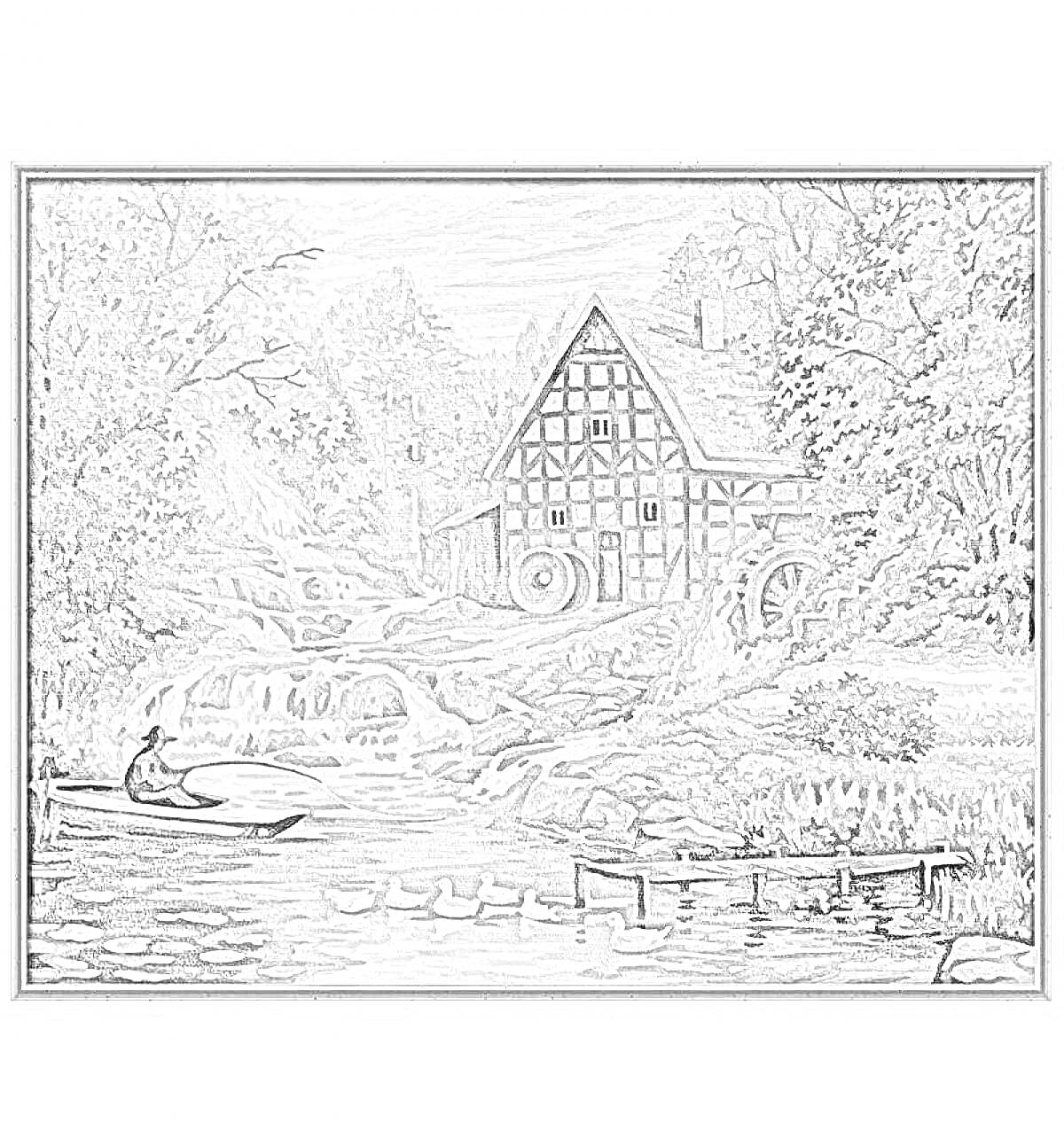 Раскраска Дом с водяной мельницей на фоне леса, водопад, река с утками, лодка с человеком возле причала