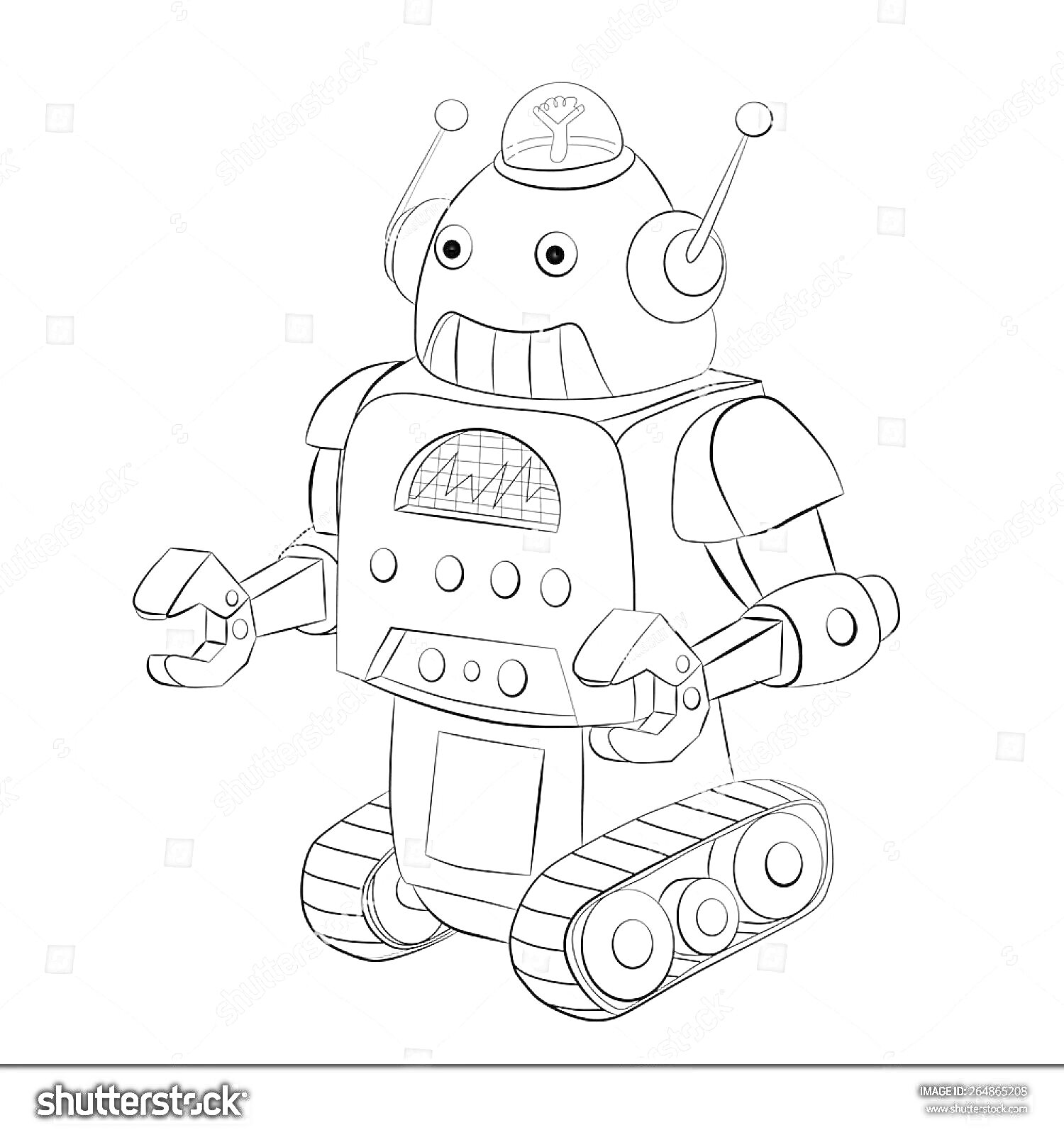 На раскраске изображено: Робот, Гусеницы, Антенны, Кнопки, Клешни, Техника, Робототехника