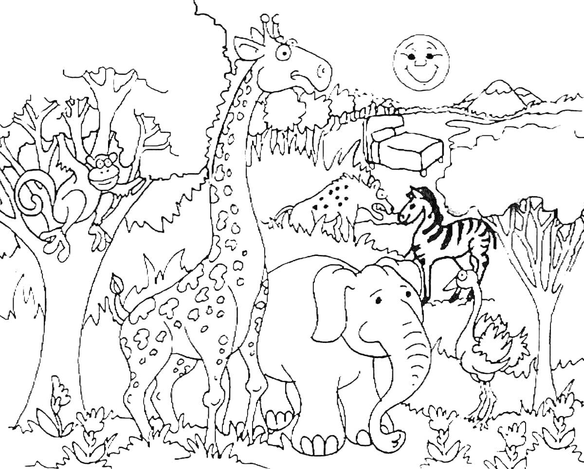 На раскраске изображено: Животные, Слон, Страус, Природа, Жаркие страны