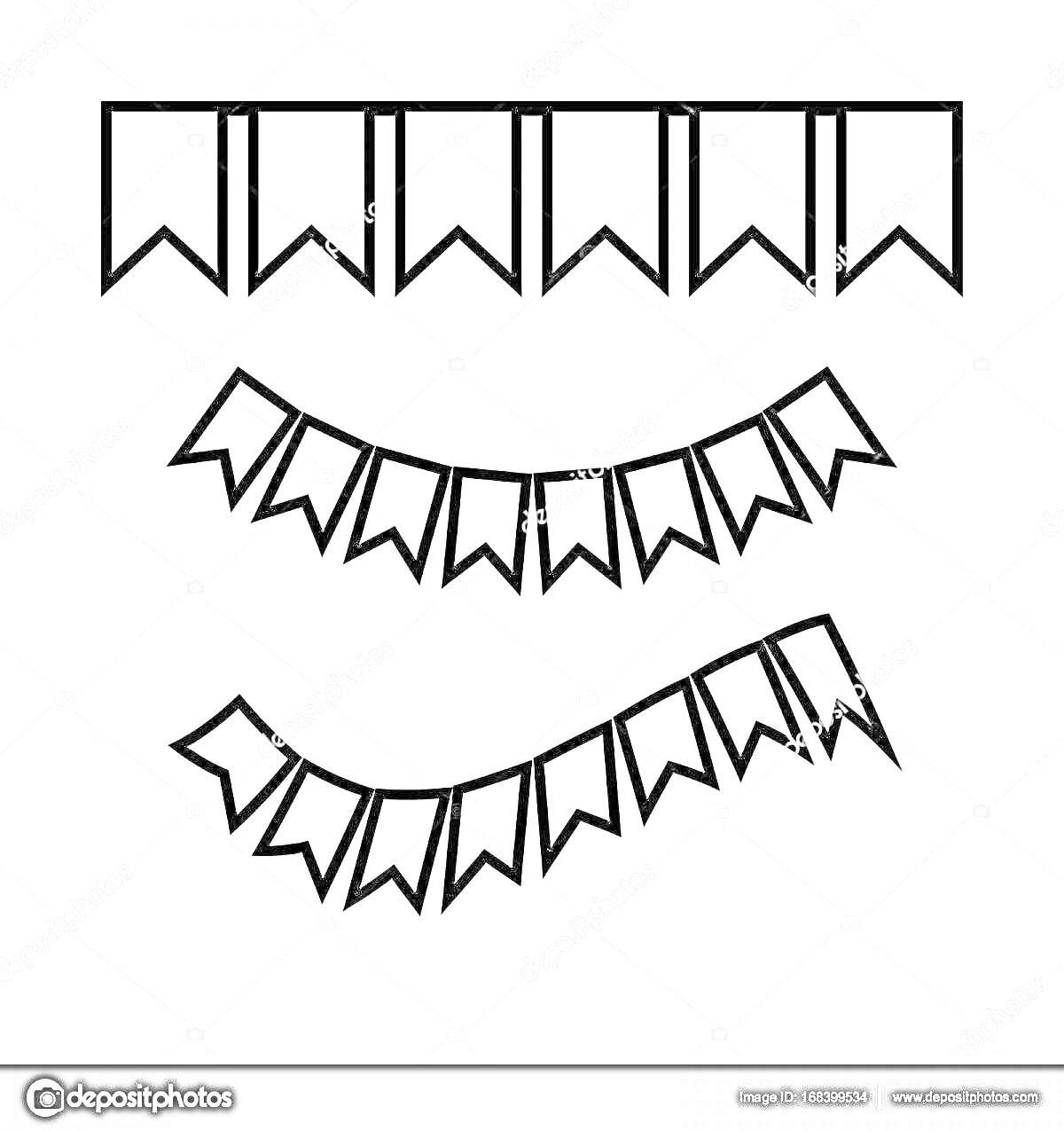 Раскраска Флажки на ниточке: верхняя прямая гирлянда, средняя наклонная гирлянда, нижняя изогнутая гирлянда