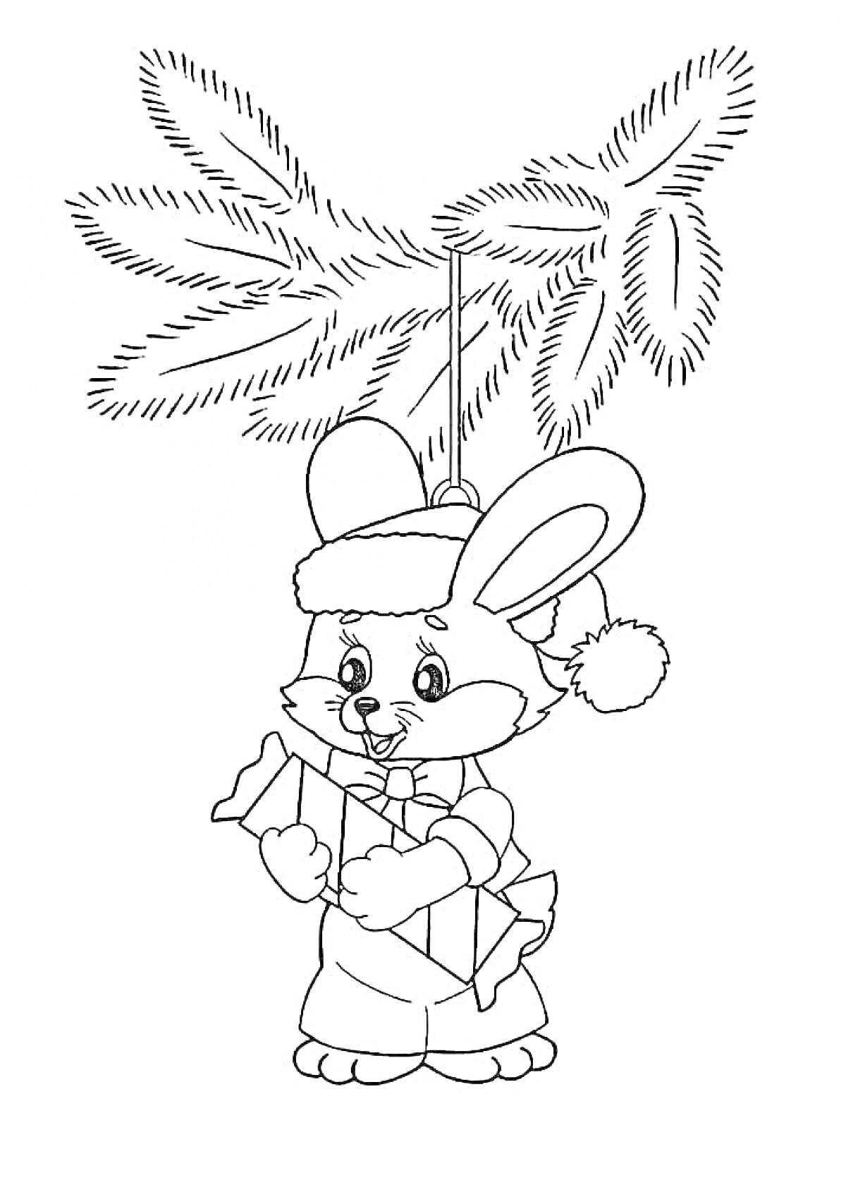 Раскраска Заяц в новогоднем костюме с подарком под елкой