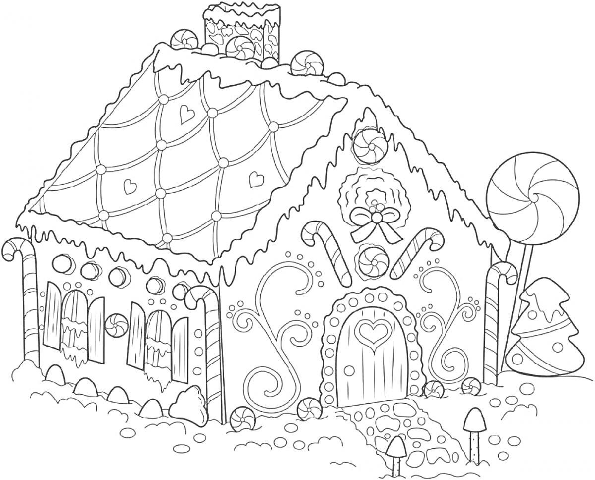 На раскраске изображено: Пряничный домик, Леденцы, Рождественские украшения, Зима, Сказочный дом