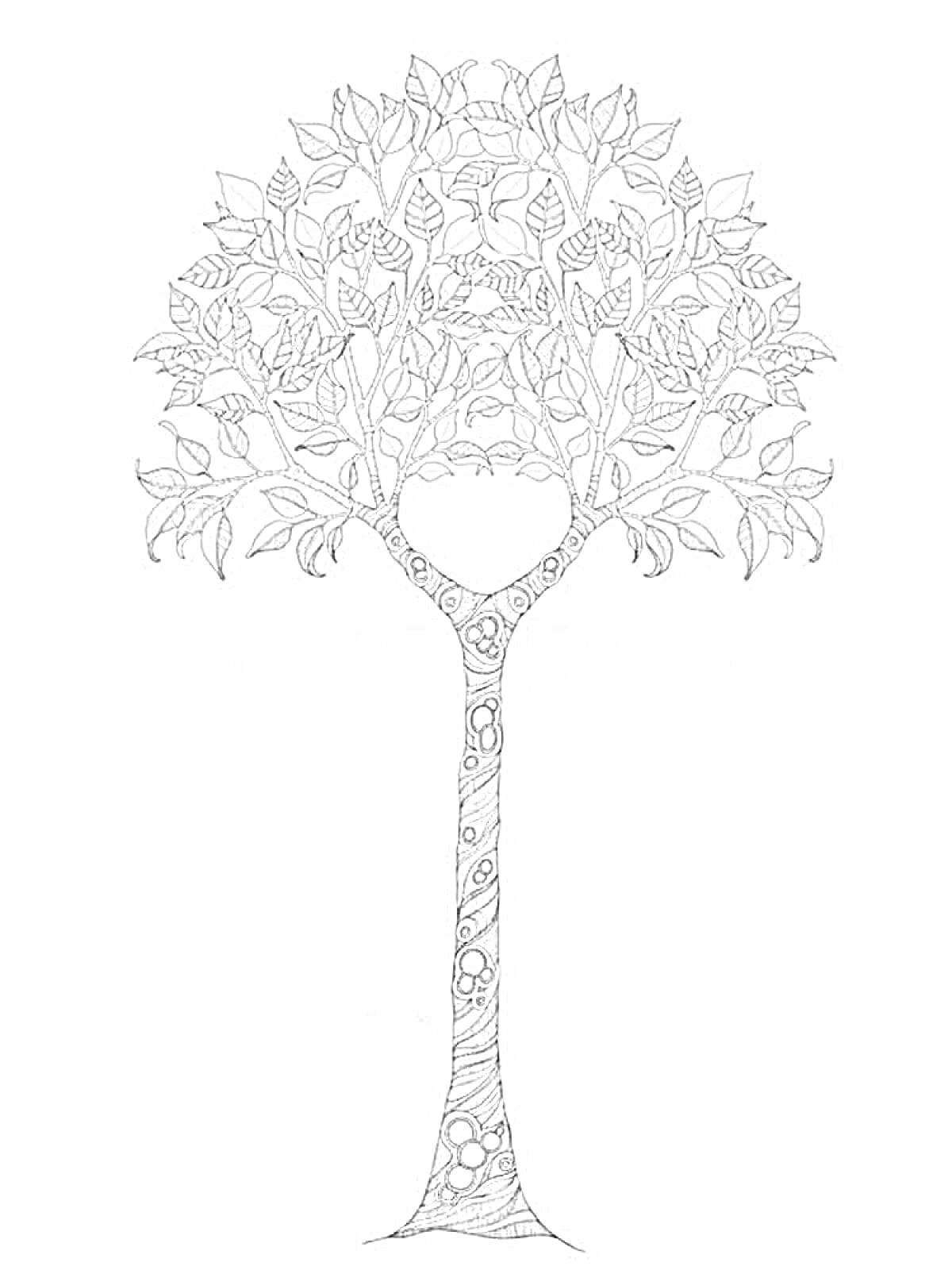 Раскраска Декоративное дерево с узорами в листьях и на стволе