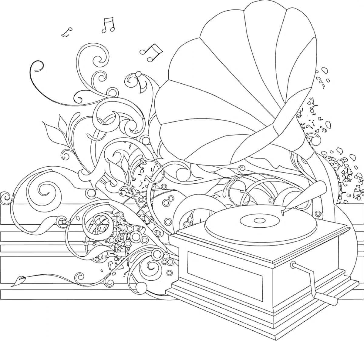 На раскраске изображено: Граммофон, Нотки, Музыка, Антистресс, Цветочные узоры, Декор, Винтаж, Орнамент
