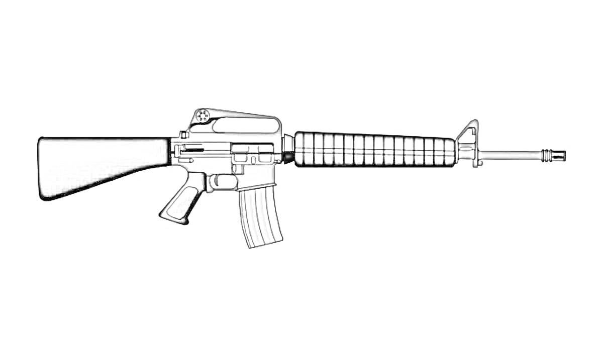 Раскраска Винтовка M16 с прикладом, прицелом, магазином и глушителем