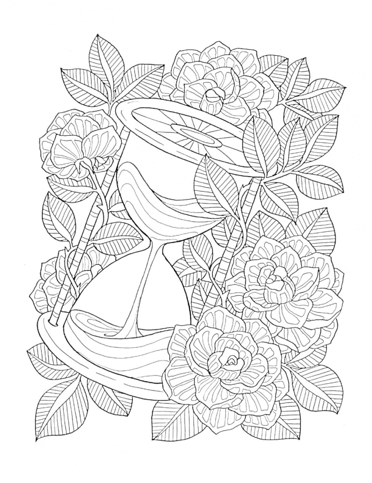 На раскраске изображено: Антистресс, Цветы, Розы, Листья, Песочные часы, Детализированное изображение